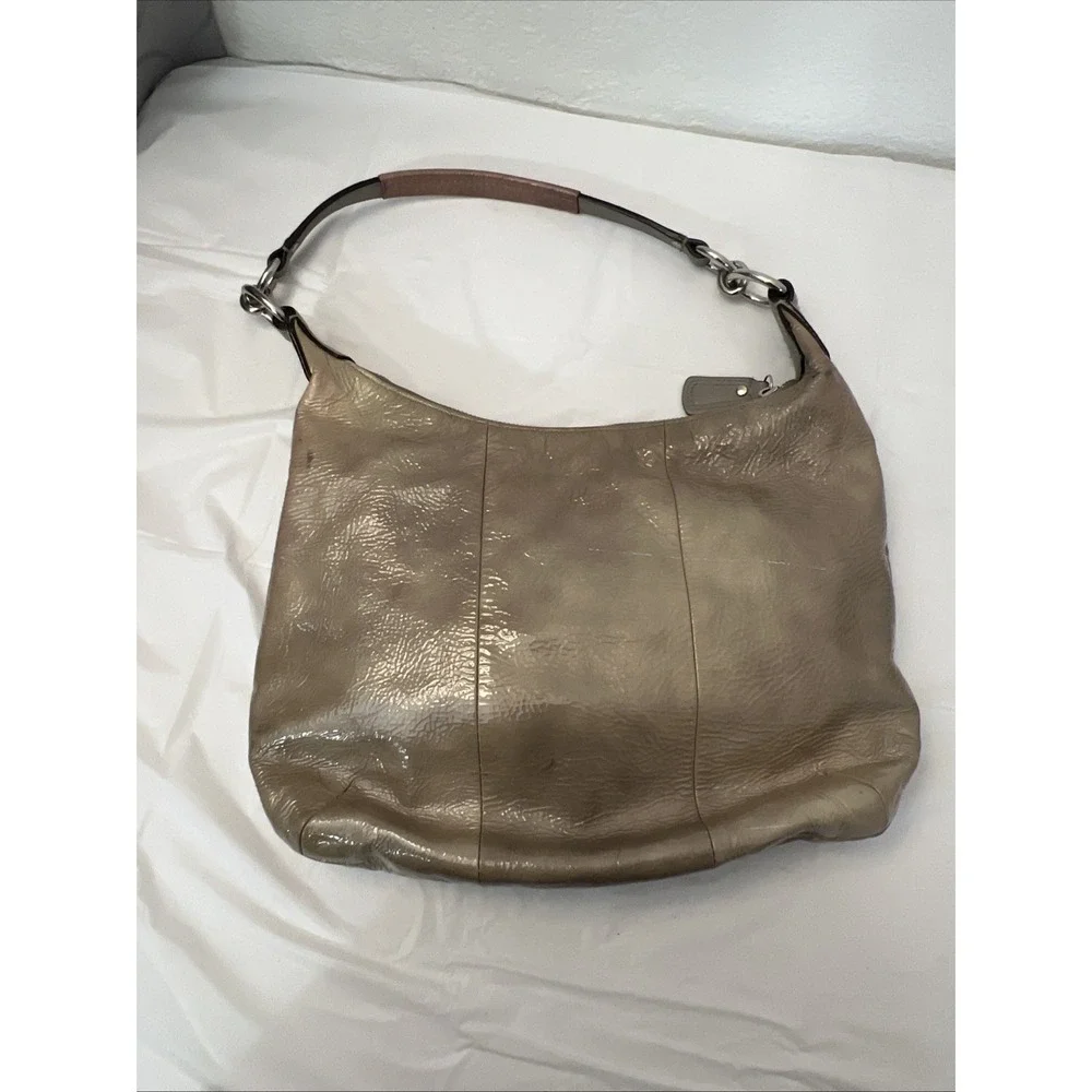 Coach Kristin Patent Leather‎ Hobo 19299 Shoulder Bag Purse Tan Taupe 13 X 10